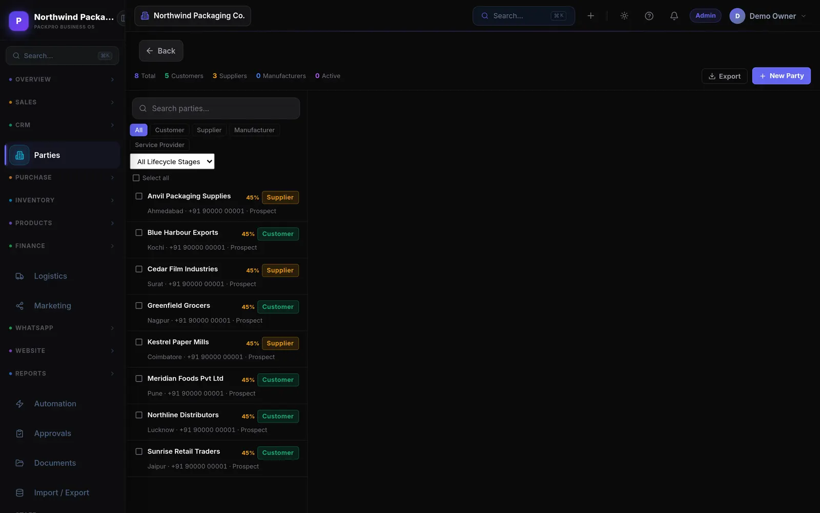 The party master listing customers and suppliers with contact, city and outstanding balance.